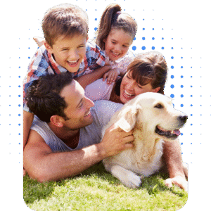Happy family with two kids and golden retriever enjoying time outdoors — save over 150 hours a year with SmartSpun