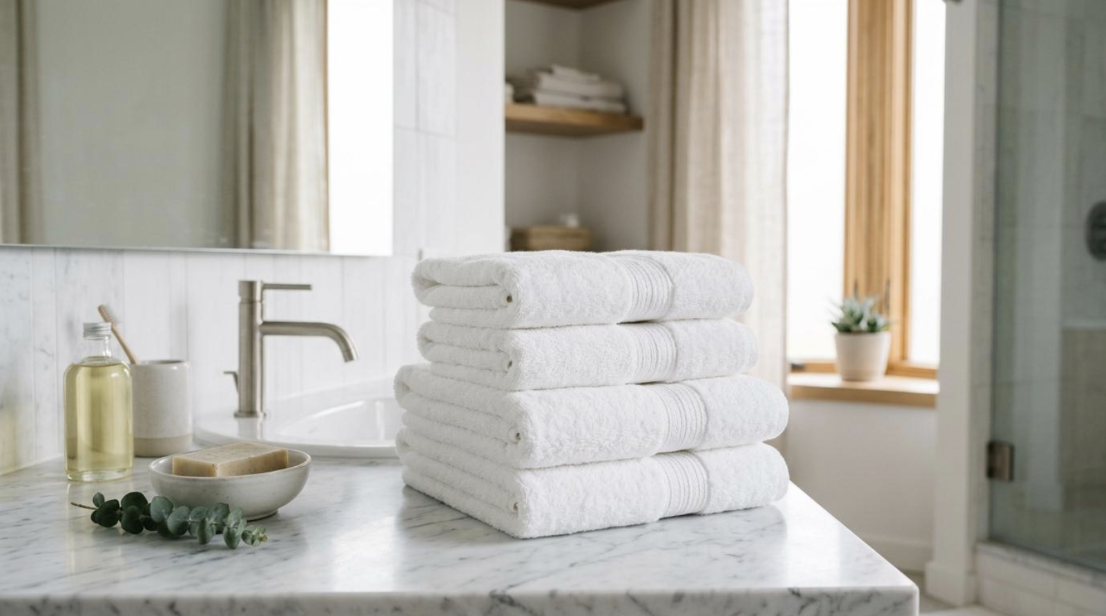 Stack of soft fluffy white towels folded neatly on a bamboo shelf with a small plant, showing proper towel care results