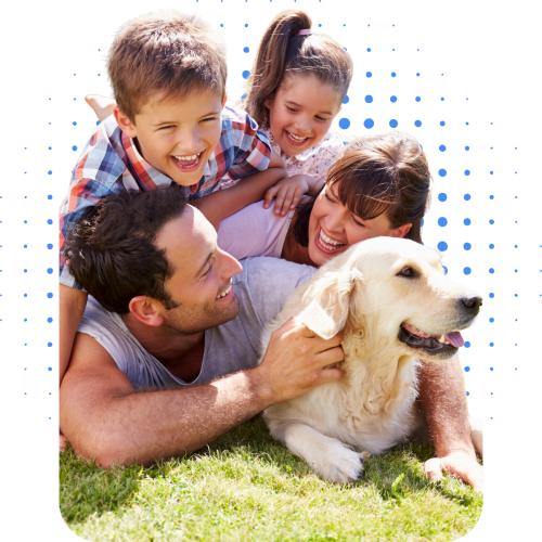 Happy family with two kids and golden retriever enjoying time outdoors — save over 150 hours a year with SmartSpun