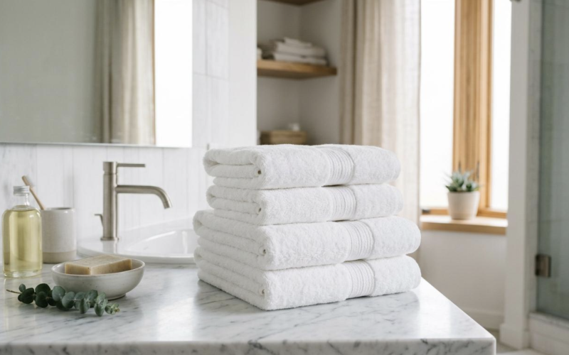 Stack of soft fluffy white towels folded neatly on a bamboo shelf with a small plant, showing proper towel care results